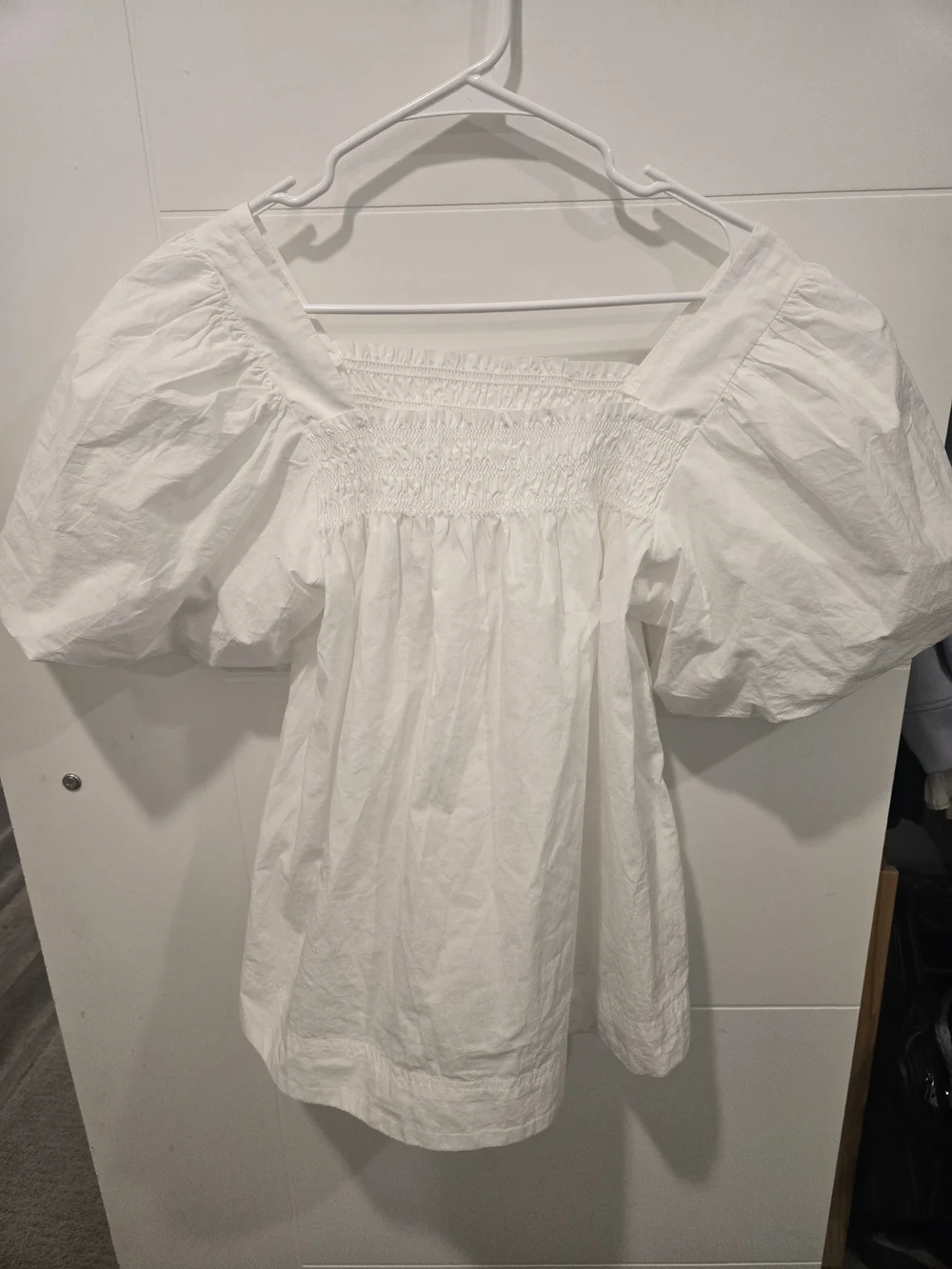 Anthropologie White Puff-Sleeve Smocked Square-Neck Top